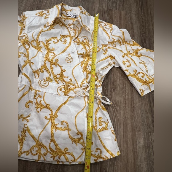 NWT GANNI 100% Cotton Gold And White Patterned Button Up Wrap Shirt - Picture 5 of 14